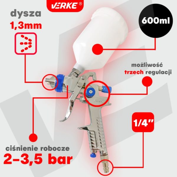 PISTOLET LAKIERNICZY HVLP H-888P 1,3 mm 600 ml VERKE - obrazek 10