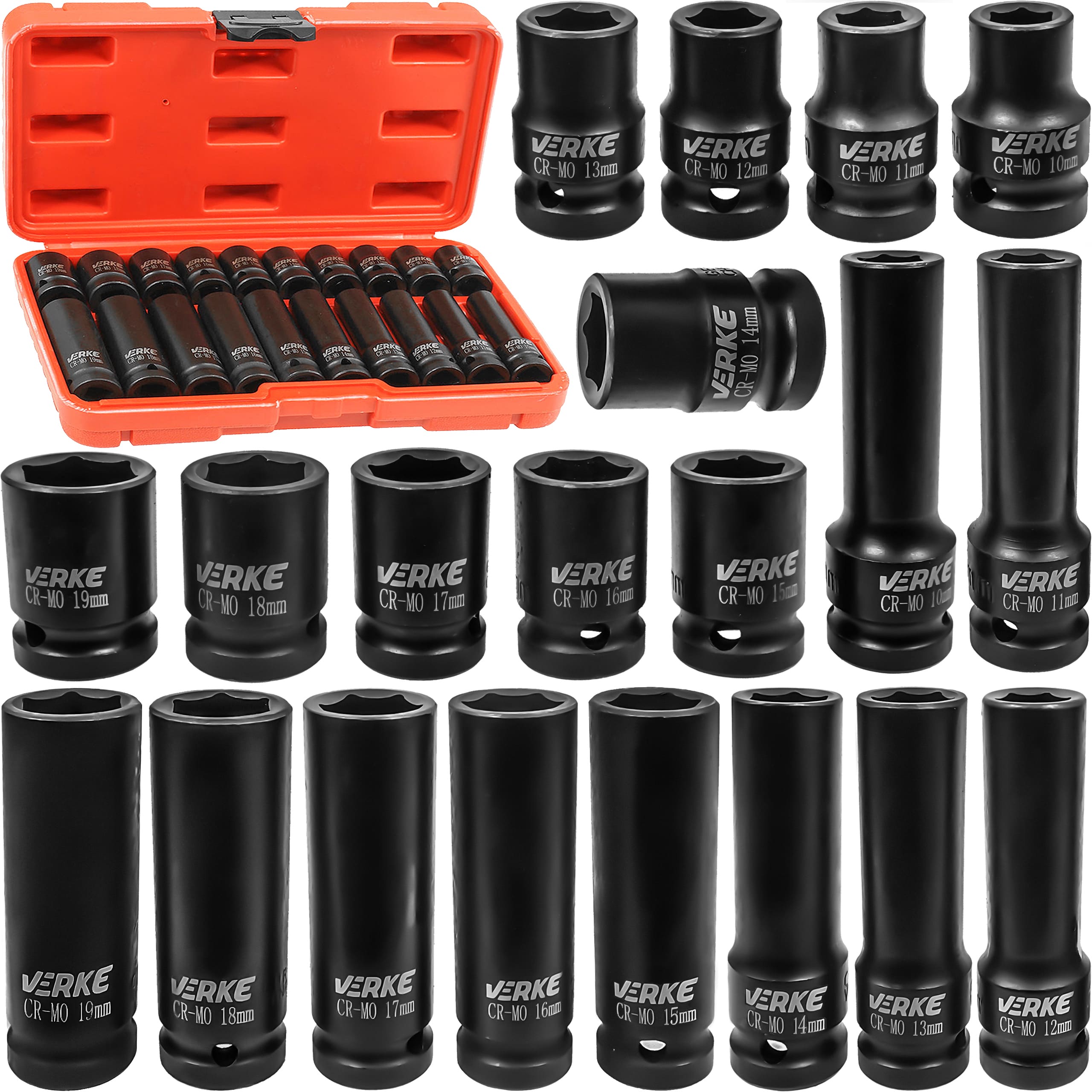 NASADKI UDAROWE DŁUGIE I KRÓTKIE 1/2" 20 SZT 10-19mm VERKE